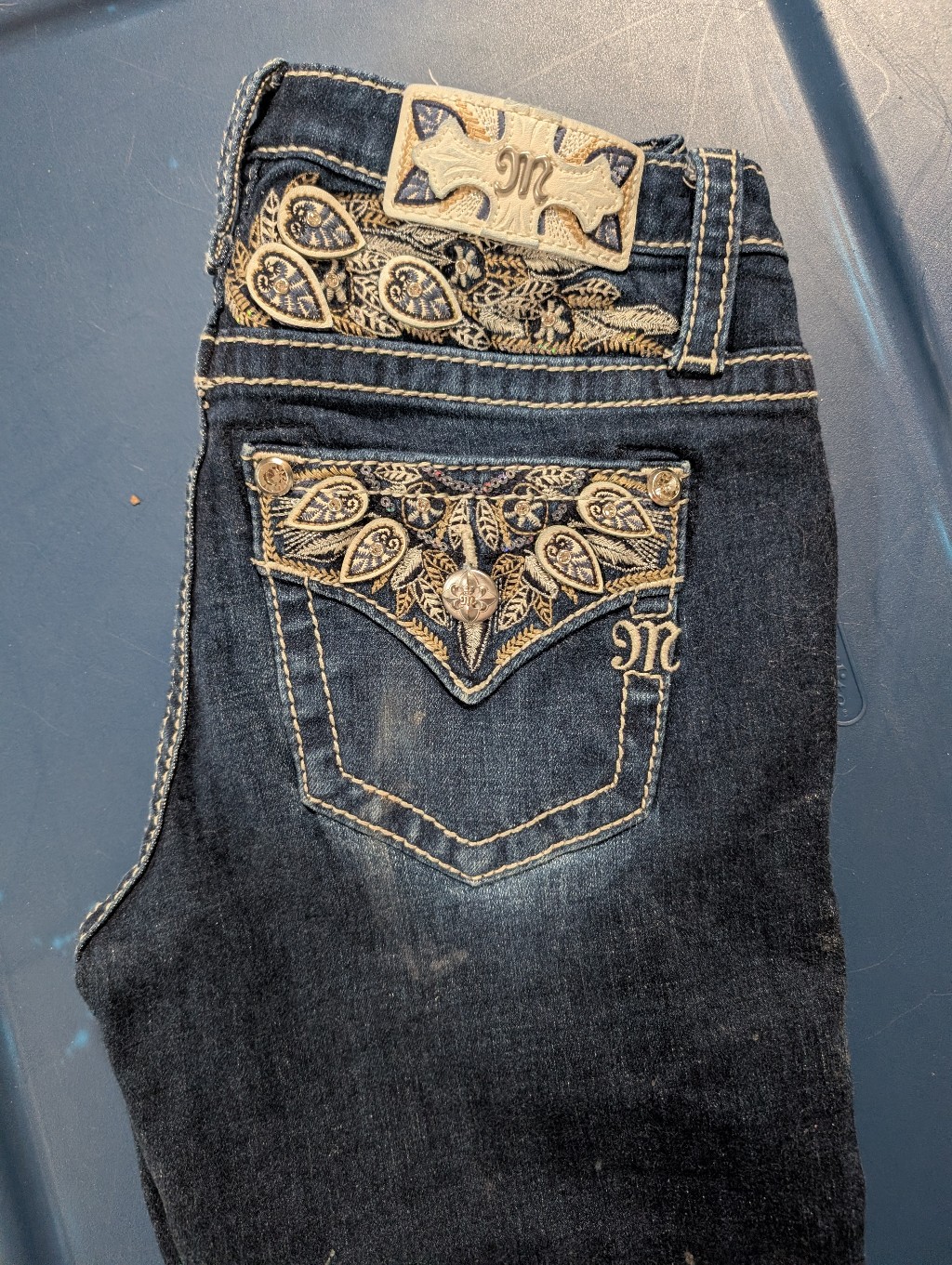 "Miss Me" Embellished Dark Wash Jeans With Sparkling Tan Embroidery (26/35)